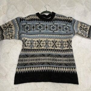 Vintage Italian Pure Virgin Wool Fair Isle Grandpa Sweater Nordic Blue Oversized